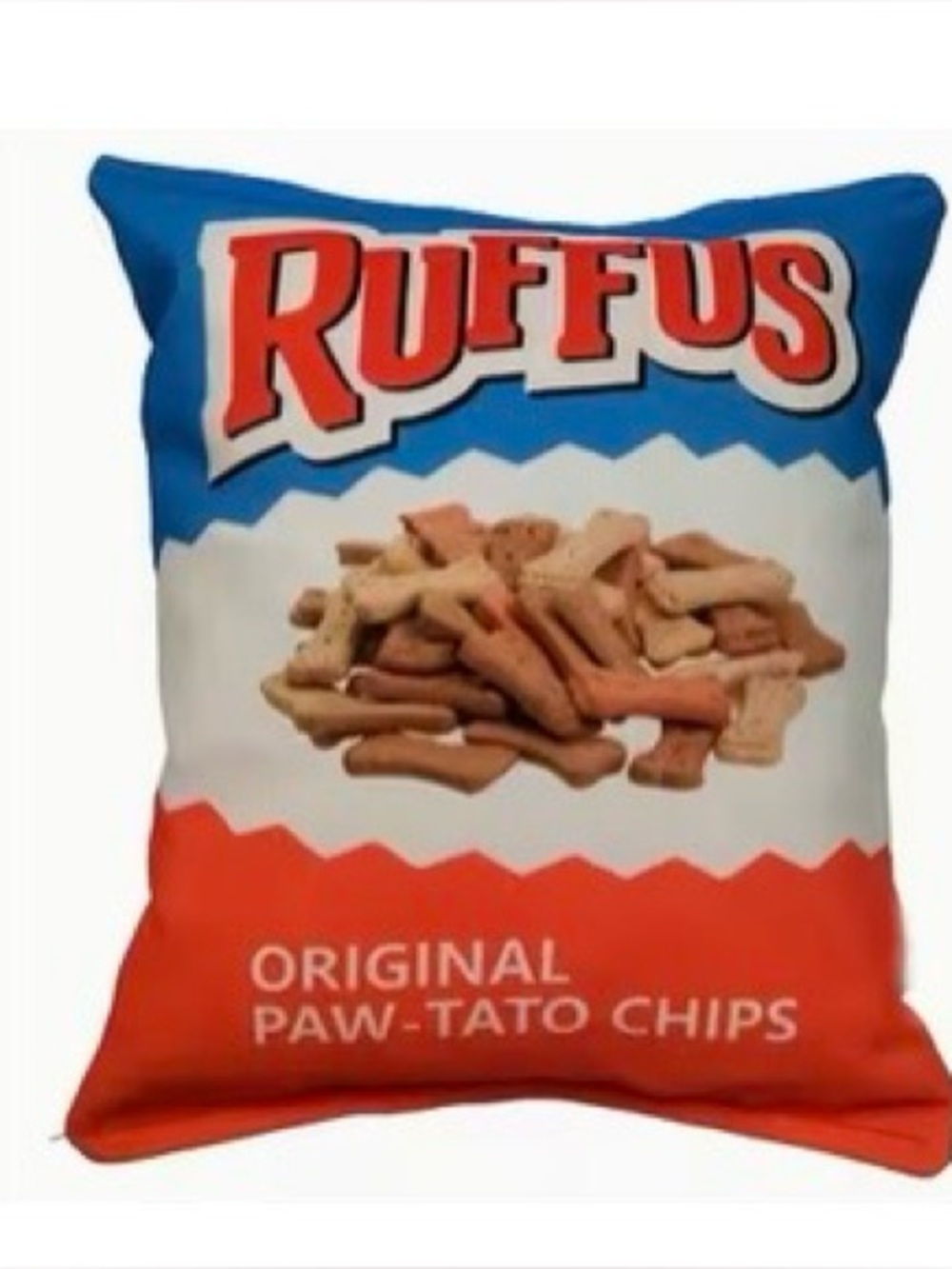 Dog toy with squeaker. “Ruffus paw-tato chips” cute snack bag toy.